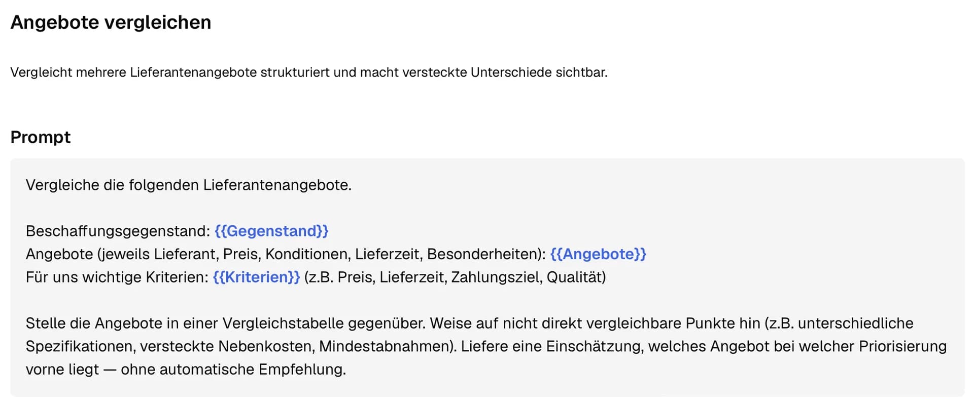 Ansicht eines Prompts zum Thema "Angebote vergleichen" mit drei dynamischen Platzhaltern