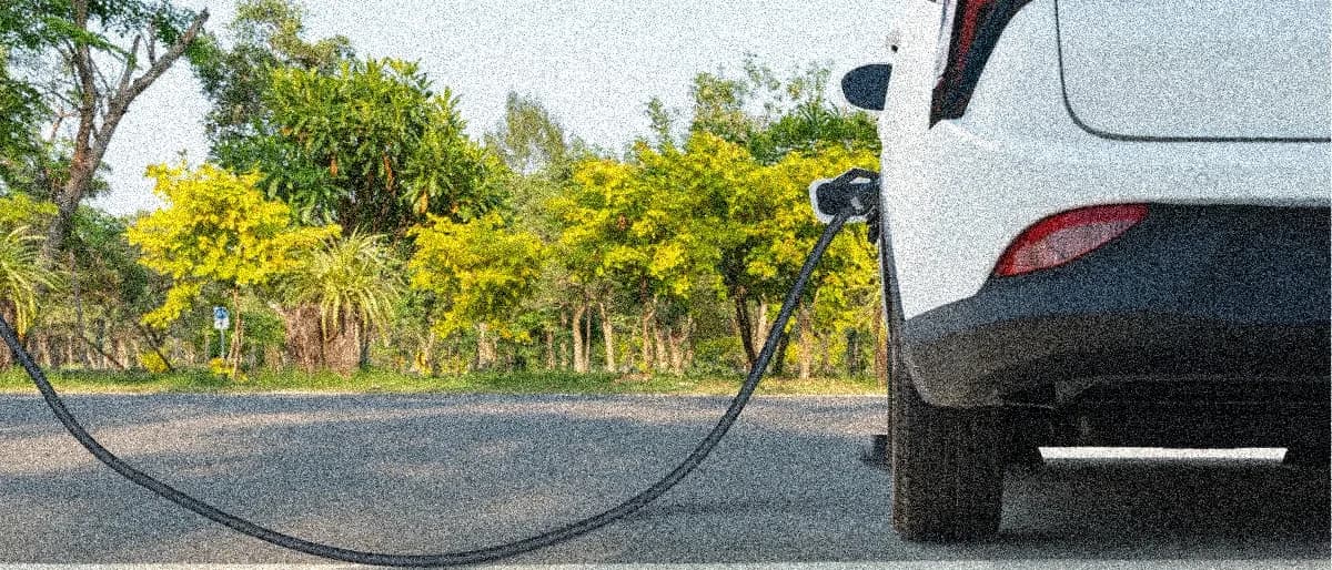 An electric white car charging in front of a row of trees.