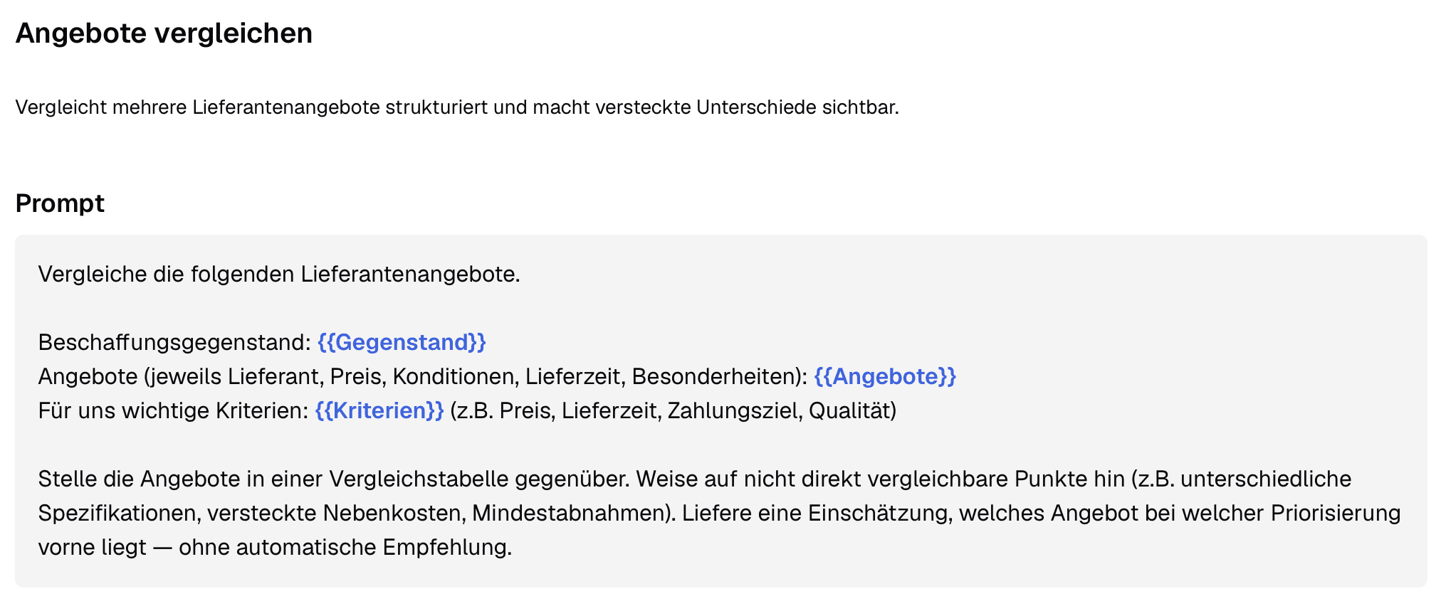 Ansicht eines Prompts zum Thema "Angebote vergleichen" mit drei dynamischen Platzhaltern